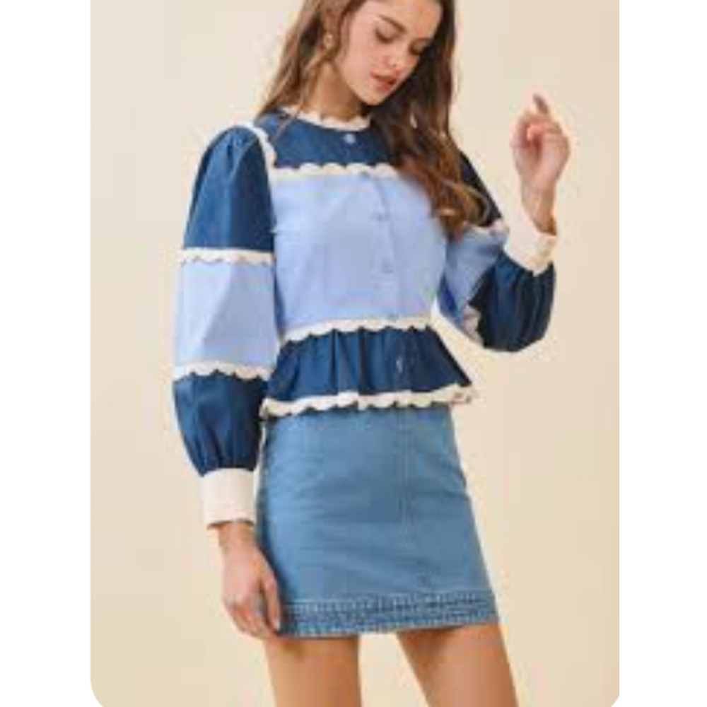 New TCEC Peplum Color Block Scalloped lace Sezane Vibe statement top boho Sz-L - Picture 2 of 9